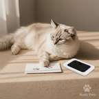 Ragdoll cat with paw print card on beige surface