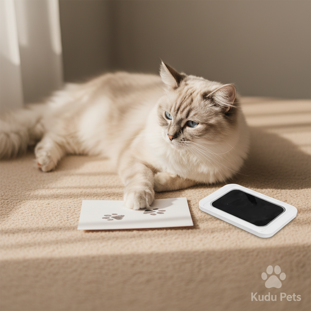Ragdoll cat with paw print card on beige surface