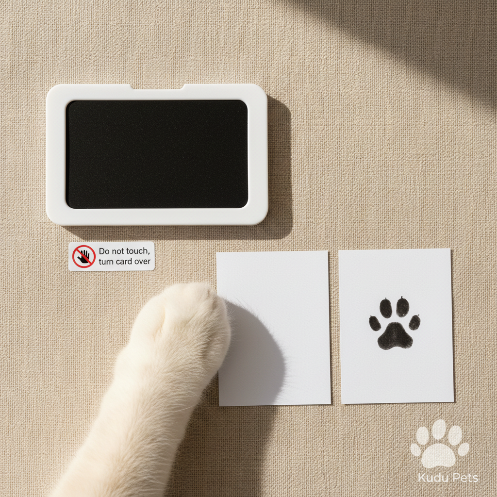 Flat lay of ink pad and paw print card on beige surface