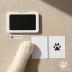 Flat lay of ink pad and paw print card on beige surface