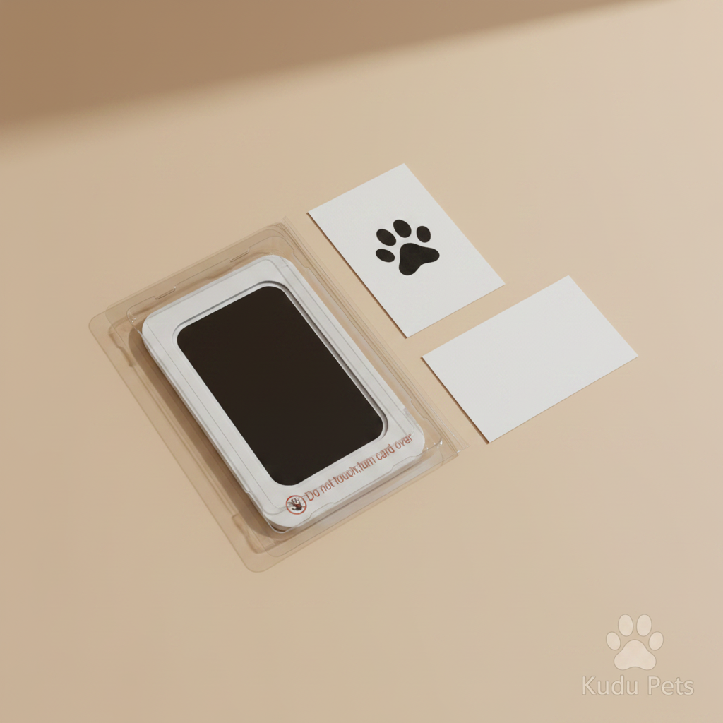 Paw print ink pad with white cards on beige background